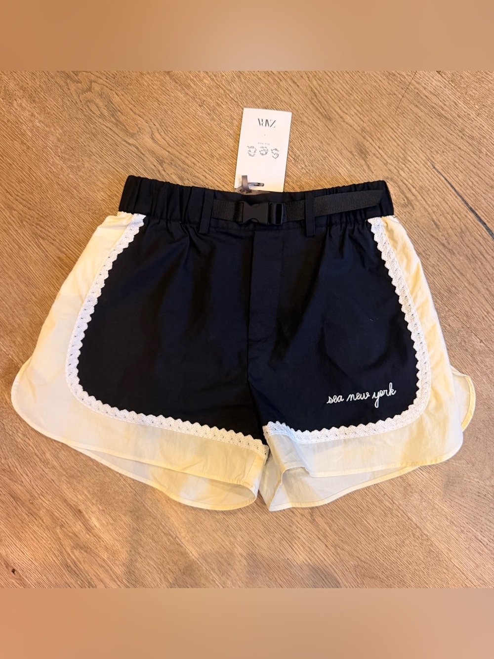 Sea New York x Zara collab girls Black and Cream Lace-Trim Sport Shorts NWT
